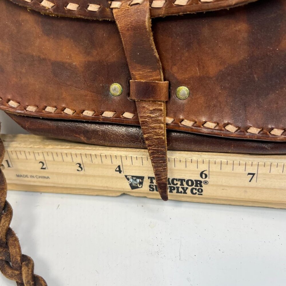 Vintage Hand Tooled Leather Crossbody Bag Brown Western Style Braided Strap - Picture 3 of 6